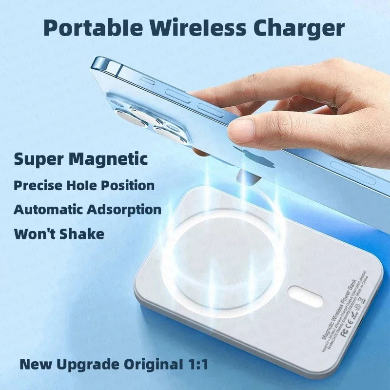 Portable magnetic wireless fast-charging power bank compatible with iPhone 12, 13, 14, 15, and 16 Pro Max