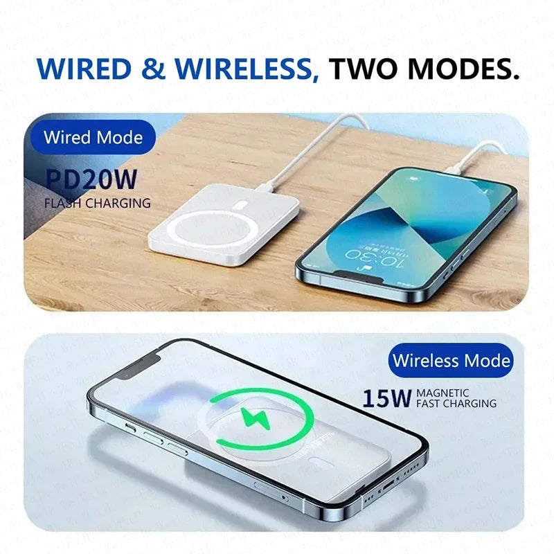 Portable magnetic wireless fast-charging power bank compatible with iPhone 12, 13, 14, 15, and 16 Pro Max